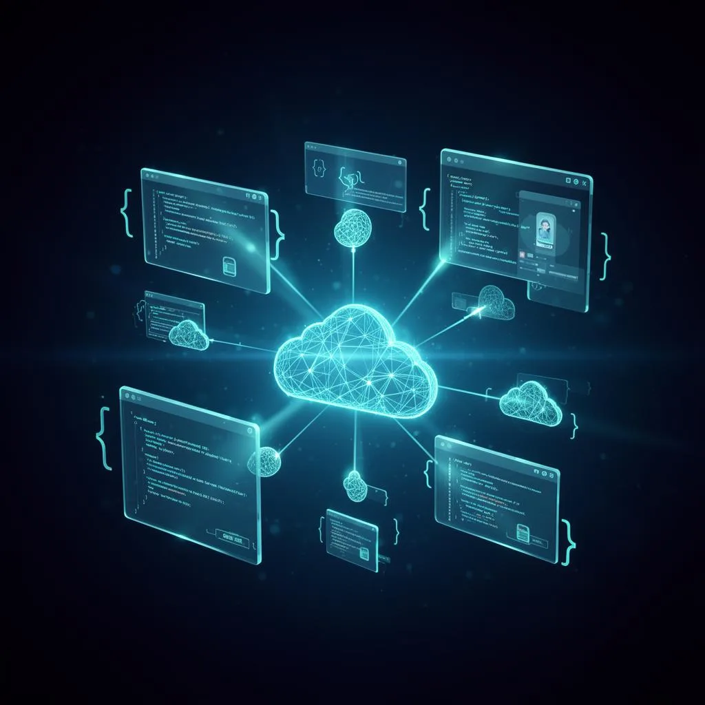 Constellation of services — code, cloud, AI and apps connected by glowing links