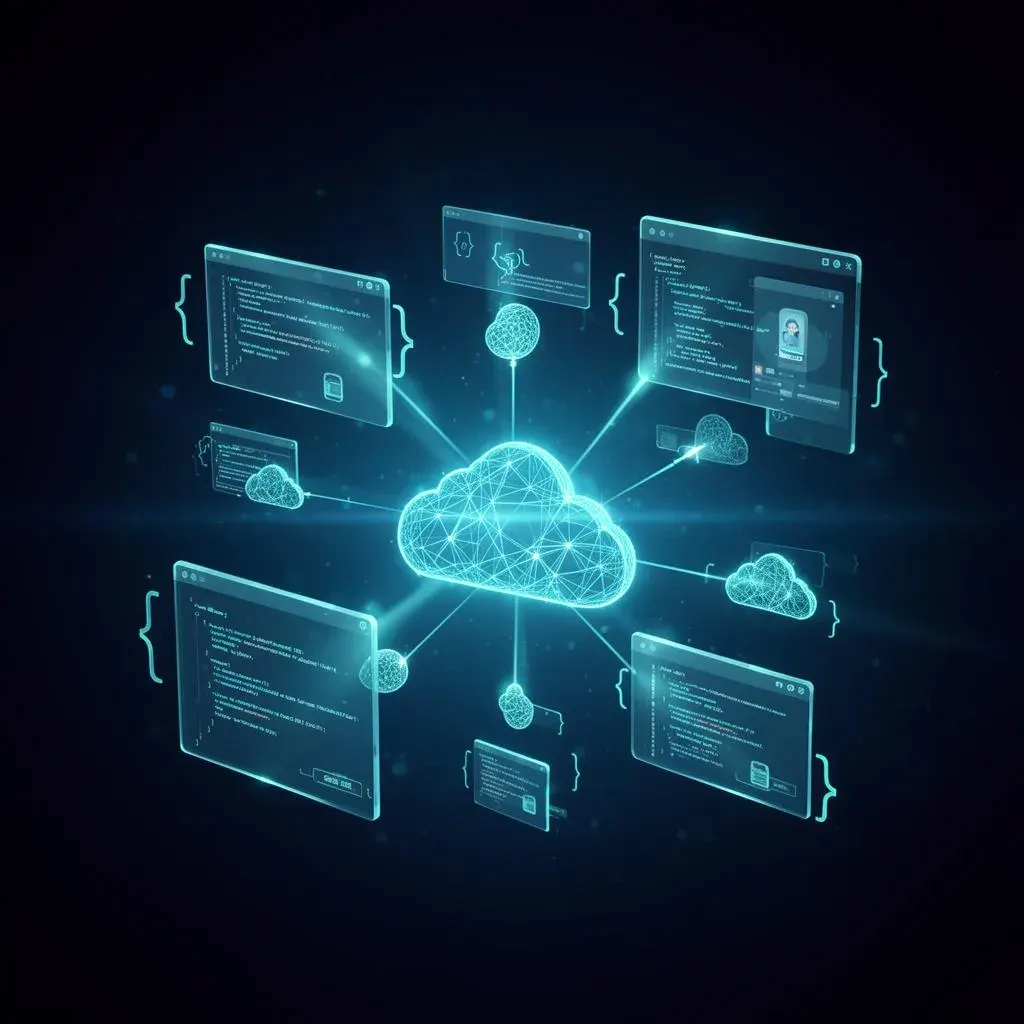 Constellation of services — code, cloud, AI and apps connected by glowing links
